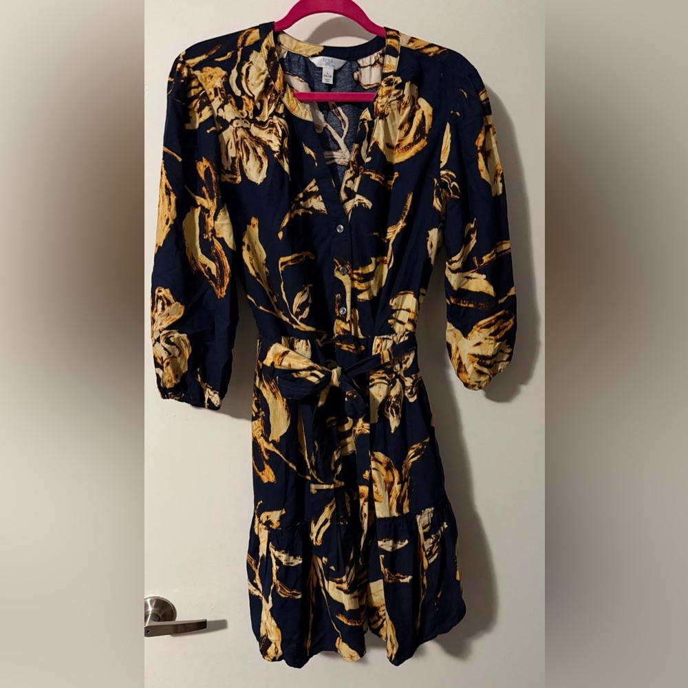 Time and Tru Navy and Yellow Floral Tie-Waist Mini Dress